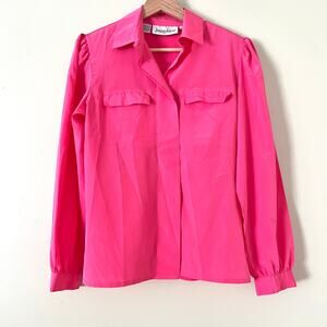True Vintage Josephine Neon Pink Secretary Blouse 6 Puff Sleeve Camp Pockets 70s